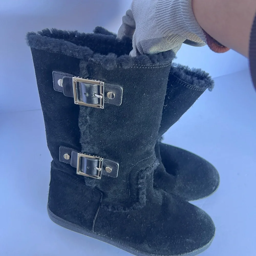 Tory Burch Black Suede Shearling-Lined‎ Buckle Ankle Boots